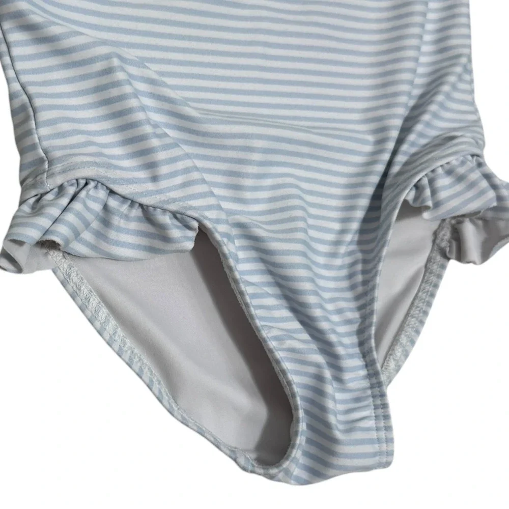 Minnow Swim Girls 5/6 One Piece Swimsuit Long Sleeve Rashguard Blue Striped
